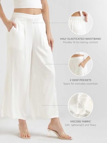 Image of SAADAA Women's Linen Blend Long Kurta with Viscose Palazzo Set | Straight Fit Kurta with Wide Leg Palazzo | Solid Ethnic Co-ord Set for Office & Casual Wear