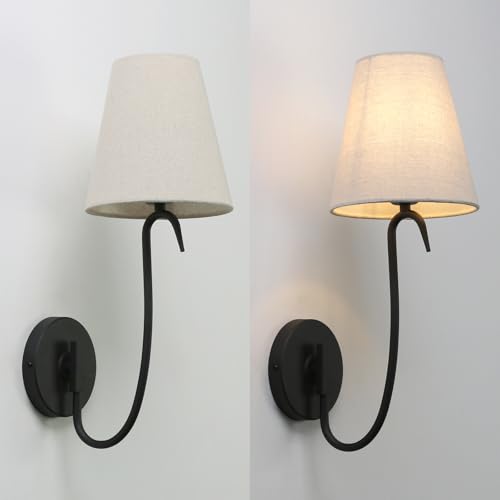 Image of Swan Neck Wall Sconce Fixture 1-Light with Linen Fabric Shade, Indoor Hardwired Rustic Boho Wall Light for Living Room Bedroom Bedside Nightstand Light