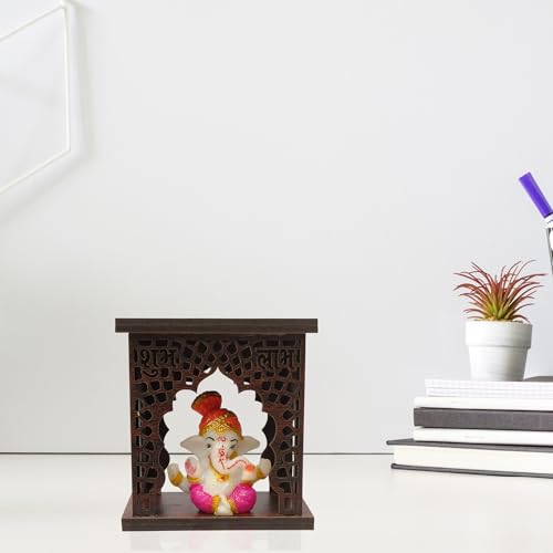 Image of EXPLEASIA Pagadi Ganesha Idol with Wooden Temple with Rakhi for Home mandir Temple car Dashboard Gift Items Festival Item showpiece