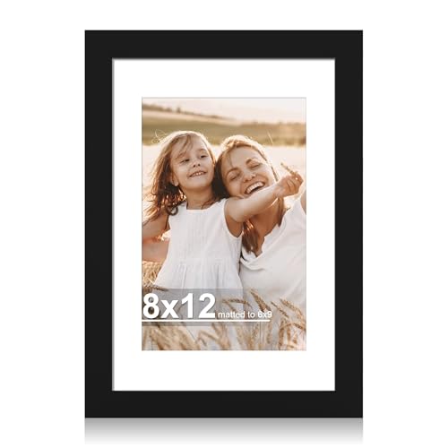 Hongkee 8x12 Picture Frame with Glass Display Pictures 6x9 with Mat or 8 x 12 without Mat - Wall and Tabletop 8 by 12 Photo Wooden Frames (Black 1 Pack)