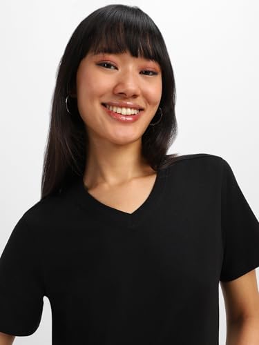 Image of JUNEBERRY Cotton Lycra Regular Fit V- Neck Solid Core Half Sleeves T-Shirt for Women & Girls (Colors Available: Black, Green, Magenta, Blue, Orange & Limeade)