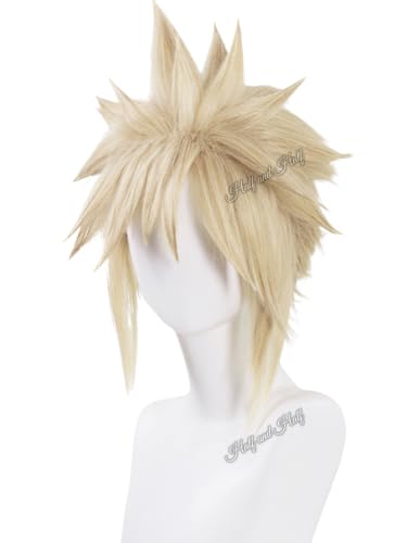 Image of Half and Half Short Blonde Anime Cosplay Wig for Men Blonde Game Male Wigs Fluffy Layered Hair Wig for Halloween Party Daily Costumes