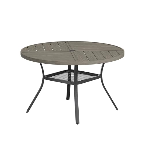 Image of VICLLAX Round Patio Table with Adjustable Umbrella Hole for 6, All Weather Metal Outdoor Dining Table for Lawn Garden, 47.2 inch Outdoor Coffee Table, Grey Wood-Like Tabletop