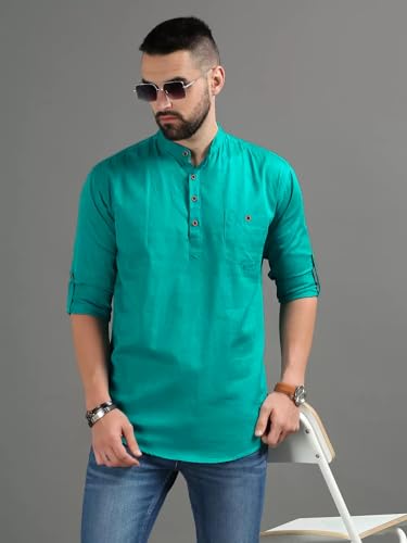 Image of DEEMOON Men's Cotton Blend Full Sleeve Short Kurta with Mandarin Collar Crafted from a Premium Cotton Blend