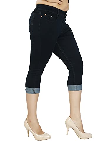 Image of FCK-3 Stretchable Denim Solid Mid Waist Knee Length Button Closure 5 Pocket Capree for Women