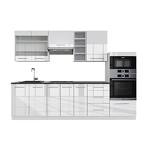 Vicco Küchenzeile Fame-Line, Weiß Hochglanz/Weiß, 280 cm ohne Arbeitsplatte, zur individuellen Erweiterung durch passende Zusatzmodule