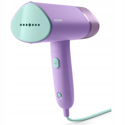 Philips Serie 3000 Plancha Vertical – Vaporizador 1000 W, 20 g/min, Depósito 100 ml extraíble, Placa de plástico, Bolsa incluida, Peso ligero 690 g, Morado (STH3010/30)