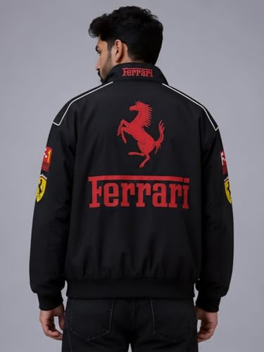Image of Racing Bomber Jacket For Unisex | Premium Motorsport Winter Puffer Jacket for Men & Women | Streetwear Zip-Up Outerwear | Casual Biker Jacket with Graphic Print (IN, Alpha, M)