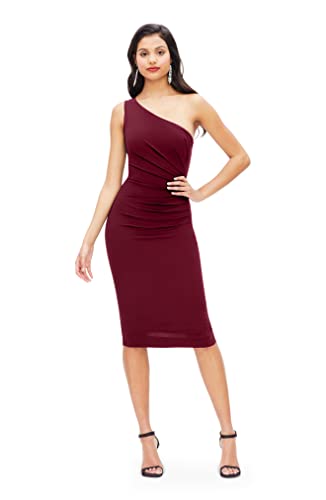 Dress the Population Women's Martine Sleeveless Asymmetrical One Shoulder Side Pleat Bodycon Midi Dress