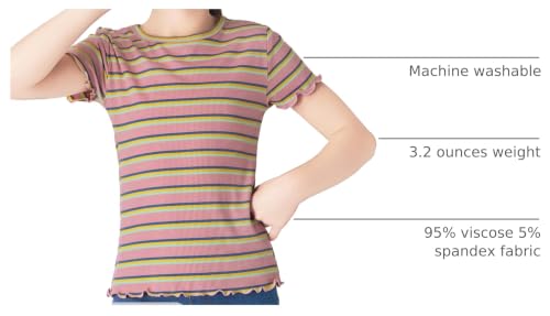 Image of Girls Striped T-Shirt Lettuce Trim Short Sleeve Top Size 6-16 | Soft stretch ribbed knit fabric, breathable blouse,summer outfit for big girls & teen, for school, party and daily activity