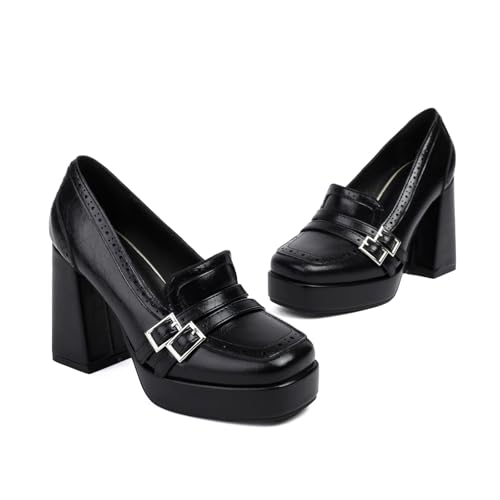 Image of Women's Leather Buckle Chunky High Heel Loafers Pumps Fashion Closed Round Toe Slip On Platform Block Heel Pumps Comfort Office Work Dressy Shoe