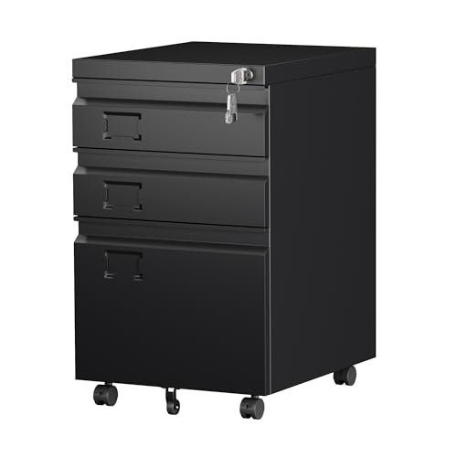 Image of Aobabo 3 Drawer Metal File Cabinet with Lock and 5 Wheels, Black