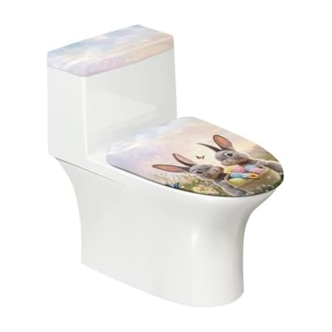 Vanideaoty Bunny Bathroom 2 Set with Toilet Lid Cover and Tank Cover Butterfly Elegant Toilet Tank Lid Cover for Vacation Portable Cover