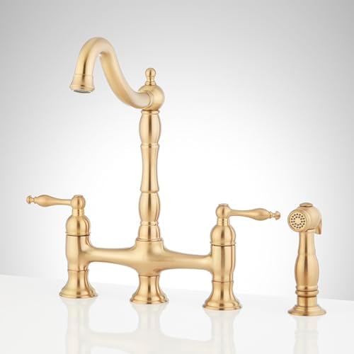 Signature Hardware 954037 Delacour 1.75 GPM Double Handle Bridge Kitchen Faucet with Side Spray - Brushed Gold