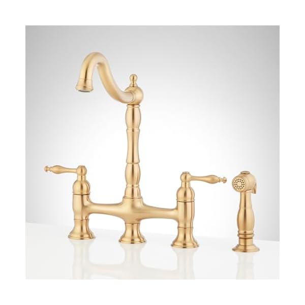   Signature-Hardware-954037-Delacour-175-GPM-Double-Handle-Bridge-Kitchen-Faucet-with-Side-Spray-Brushed-Gold