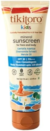 Tikitoro Kids Mineral Sunscreen SPF 30 PA+++ | Broad Spectrum UVA/UVB | Water Resistant 120mins | Dermatologist Approved | Prevents Tanning | Benzophenone-3 &Avobenzone Free (75 ml)
