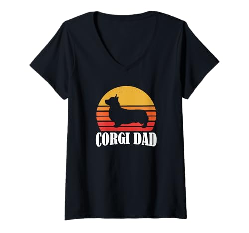 Womens Retro Vintage Sunset Pembroke Welsh Corgi Dog Dad Lover V-Neck T-Shirt