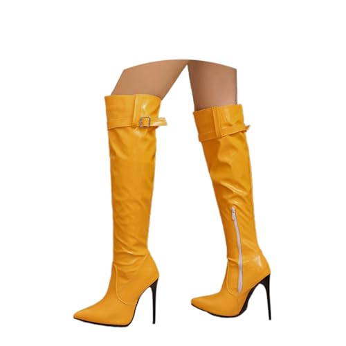 2026 Bottes élégantes mi-longues avec talon aiguille et bout pointu pour soirées, carnaval, occasions festives, jaune, 39 EU