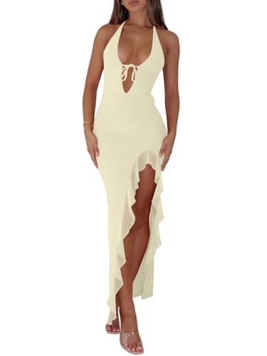 Women Sexy Halter V Neck Maxi Dress Mesh Ruffle Hem