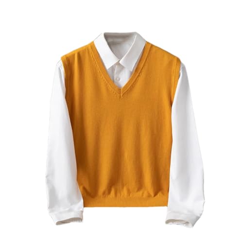 Men's Knit Sleeveless Golf Vest Sweater Cashmere Blend V-Neck Vests Solid Casual Sweaters Tops Yellow XXXL