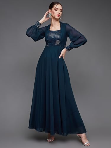 Image of Miss Chase Women's Bishop Sleeve Embellished Panelled Georgette Maxi Dress with Pockets