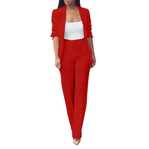 Conjunto de Mujer Elegante Elegante Curvy Conjunto Blazer Formal Business Ligeros Pantalones y Chaqueta Tallas Grandes Mangas Largas Traje Conjuntos Oficina Moda Trabajo Chaquetas de Traje, rojo