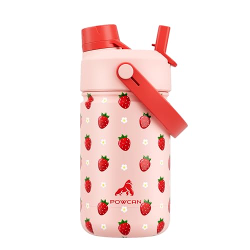 12 oz Kids Metal Water Bottle: 2-in-1 Straw Spout Lid, Spill-Proof, Easy Clean, Keep Cold 24H, Backpack Friendly, BPA-Free Stainless Steel Cup for School, Daycare, Playtime, Gift (Strawberry Daisy)