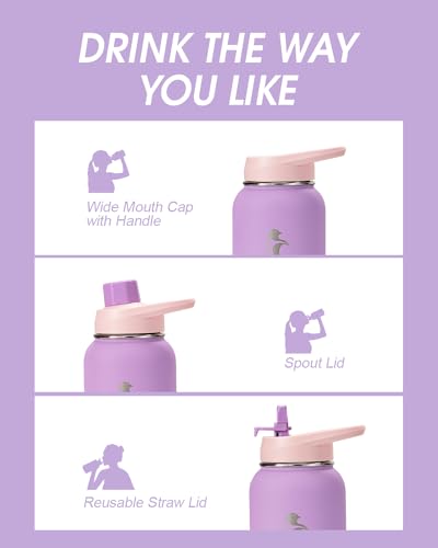 Image of Coolflask 40 oz Water Bottle Insulated with PU Leather Sleeve & 3 Lids