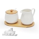 Yuragim Milch und Zucker Set mit Deckel und Löffel, 5-teilig Keramik Milchkännchen und Zuckerdose mit Holz Tablet,Milch- & Zuckerbehälter für Küche Kaffee Mikrowellen- und Spülmaschinenfest (Weiß)