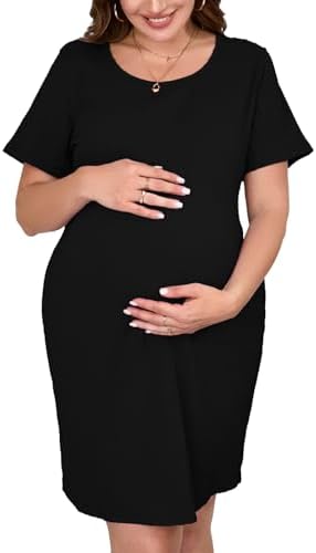 ZENNILO Vestido feminino para grávidas, malha canelada, manga cur...