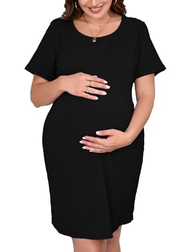 ZENNILO Vestido feminino para grávidas, malha canelada, manga cur...