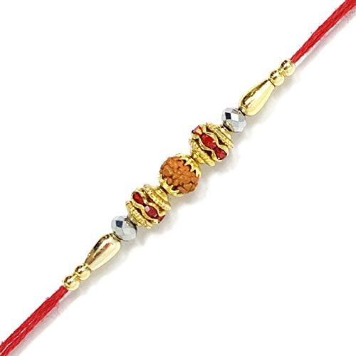Image of Rakhi for Brother(Combo of 2) Rakhi Set of Rudraksh /Kundan /Pearl /Dimond Ring /Moti /Beads for Bhaiya, Bhabhi, Sister, Kids with roli chawal Rakhi-V0100