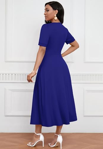 Image of MarryUP Women's Midi Dresses - V Neck Cocktail & Church Tea Dresses - Short Sleeve A-Line Swing Dress