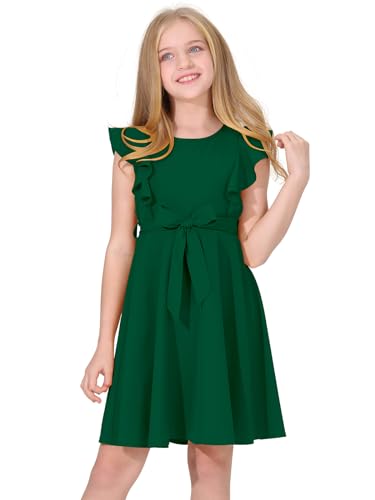 Quedoris Girls Ruffle Trim Sleeveless Belted Dress with Zipper Dark Green 140Y