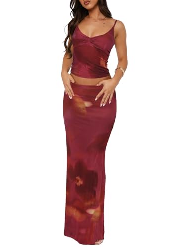 Image of Two Piece Skirt Set for Women - Sexy Sleeveless Spaghetti Strap Pleated Tank Top Maxi Long Skirts Sets