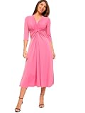 Vestido Midi Mujer de Licra Fría - Escote en Pico con Nudo Drapeado y Manga Francesa - Ideal para Eventos (FR/ES, Letras, XL, Regular, Regular, Rosa)