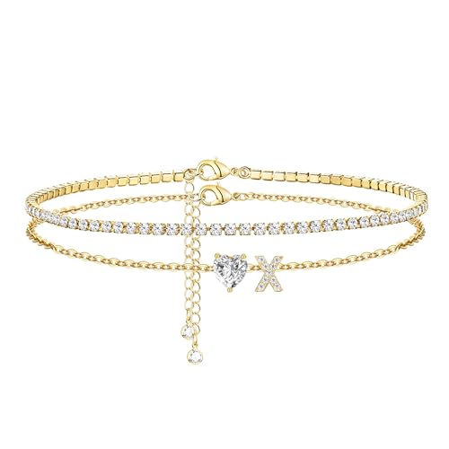 Image of Gold Initial Ankle Bracelets for Women 14K Gold Plated CZ heart Tennis Anklets for Women Waterproof Layered Adjustable Letter Anklets Large Ankle Summer Beach Foot Jewelry