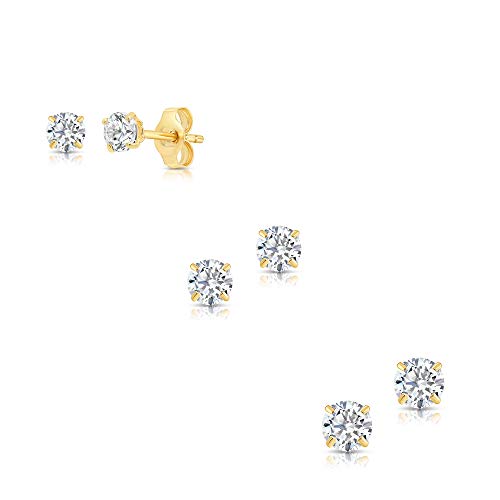14k Yellow Gold Solitaire Round Cubic Zirconia CZ Stud Earrings with Gold butterfly Pushbacks - 3 Pair Set (3mm, 4mm, 5mm)