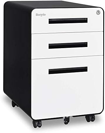 Bonnlo 23.8" H 3 Drawer Rolling File Cabinet with Lock, Black & White File Cabinet for Home Office, Mobile Under Desk File Cabinet with Pencil Tray, Metal Filing Cabinet Printer Stand Fully Assembled