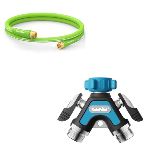 RAINPOINT 2-Way All Metal Hose Splitter & 5FT Short Garden Hose – Heavy Duty Y Splitter with Extra Long Side Handle, Lightweight Hybrid Rubber Leader Hose, 600PSI Burst-Proof, Leak-Proof 3/4" GHT for
