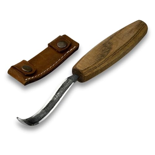 Sharky Spoon Carving Hook Knife with Long Curved Blade 2.7 in (7 cm) Ergonomic Ash Wood Handle and Protective Leather Sheath for Precise Woodworking and Bowl Carving