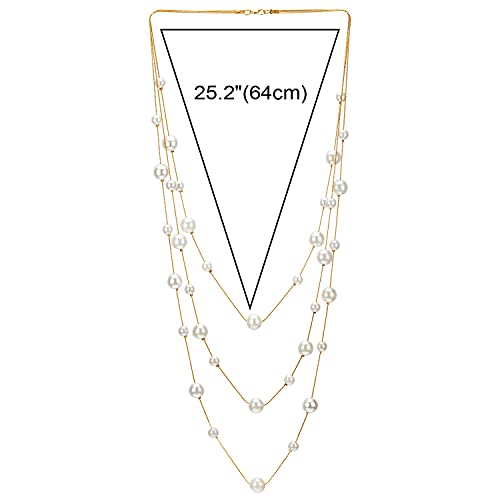 Statement Necklace Three-Strand Long Chains with Synthetic Pearl Beads, Elegant, Dress3