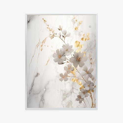 Poster fleurs blanches dorées fond marbre Wallero cadre aluminium argenté décoration salon 70x100