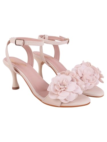 Image of Shoetopia Women's Floral Embellished Heeled Sandals | Elegant Ankle Strap Party Heels | Open Toe Dress Sandals for Wedding, Evening & Festive Footwear