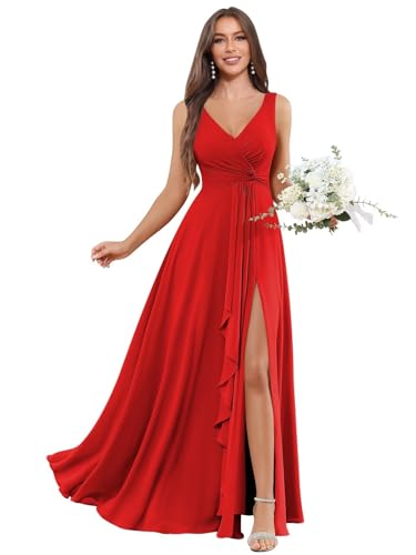 Image of BOLENSYE Bridesmaid Dresses Long Ruched Ruffles Chiffon A Line Evening Party Gown with Pockets Slit