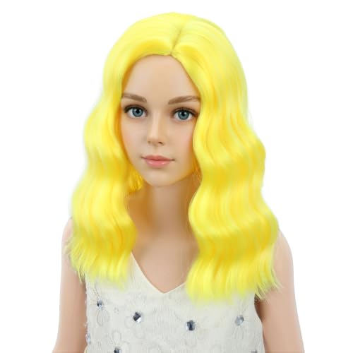 Image of PATTNIUM Kids Yellow Wig Short Curly Wavy Light Yellow Bob Wigs for Girls Cosplay Party Heat Resistant Synthetic Hair Wigs