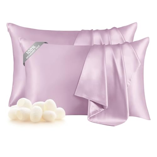 THXSILK Set of 2 100% Mulberry Silk Pillowcase for Hair and Skin Health, Soft Breathable and Smooth Pillowcases with Hidden Zipper, Both Sides Premium Grade 6A+ Silk, Standard 20"x26", Light Purple