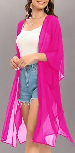Image of Indian Trendy Women's Solid Puff Sleeve Kimono Long Cardigan Loose Cover Up Casual Blouse Top Chiffon