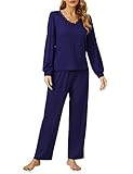 Clearlove Damen Schlafanzug Lang Zweiteiliger Pyjama Set Spitze Runden Ausschnitt Nachtwäsche mit Knopfleiste Lounge Hausanzug Sleepwear Set mit Gummibund, Navy Blau, M