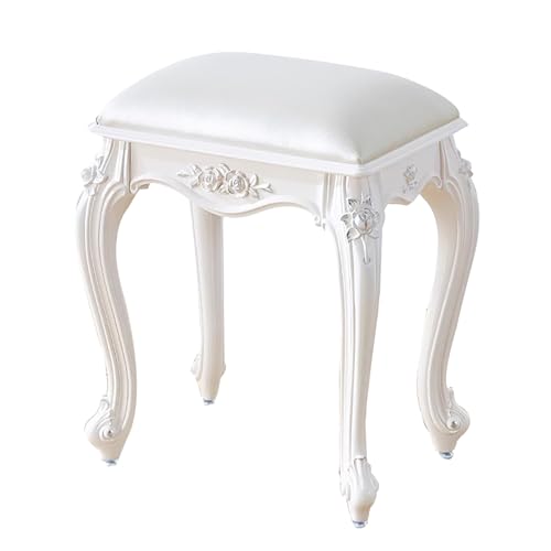 SUZEPER Vintage Carved Vanity Bench,Victorian Style Vanity Stool with Padded Cushion,Chic Dressing Chair Makeup Stool for Bedroom Living Room(Seat Height:17 inches, White Leather A)